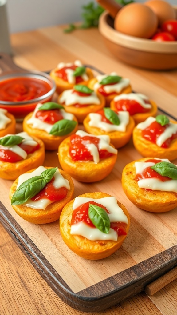 A delicious platter of cheesy bagel bites with marinara sauce and mozzarella cheese, garnished with basil.